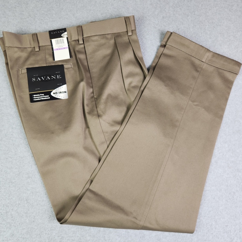 Savane Dress Pants Mens 38x34 Sandstone Tan No Iron Pleated High Rise Cuffed Hem